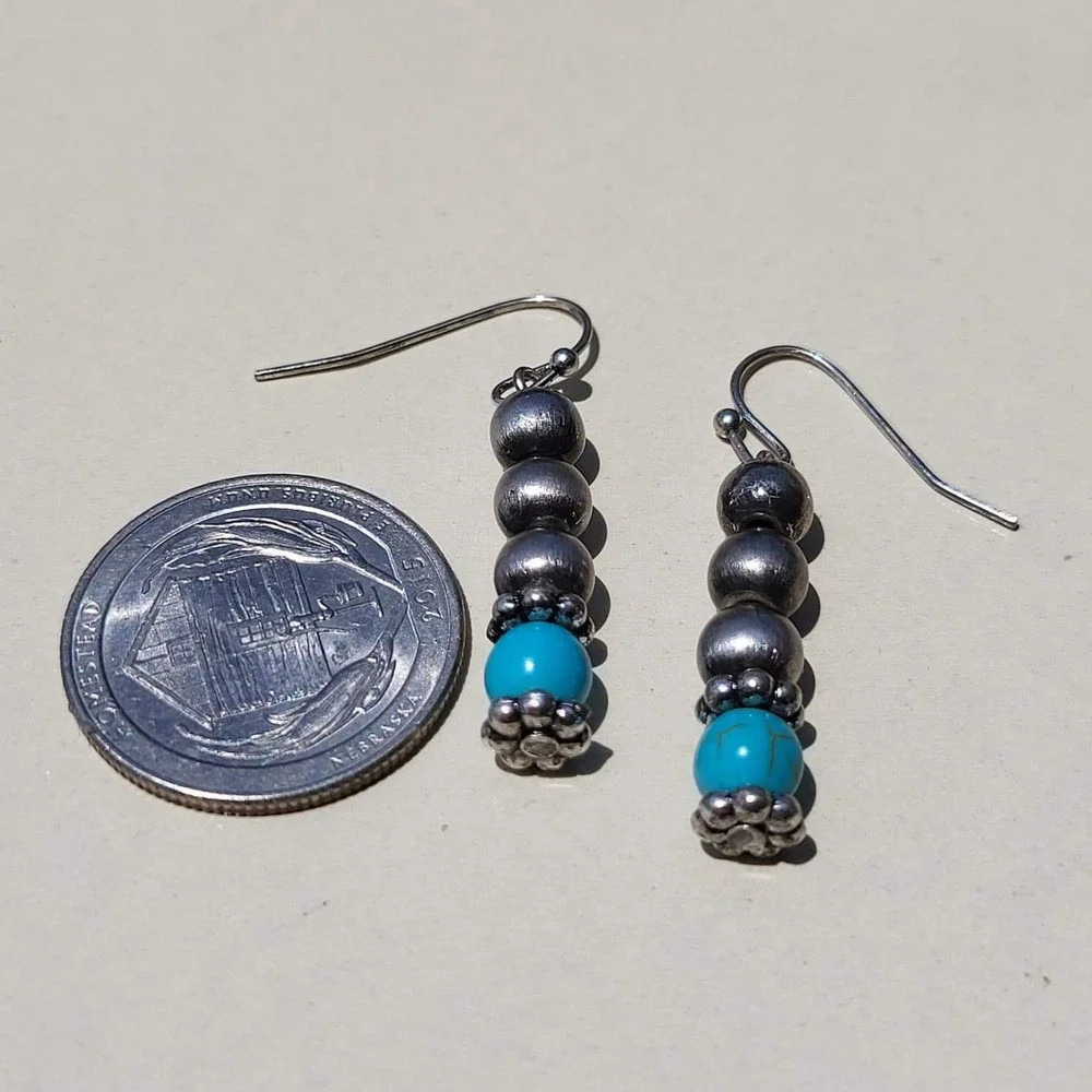 Vintage Sterling Silver Turquoise Dangle Earrings Blue Bead Southwestern Boho